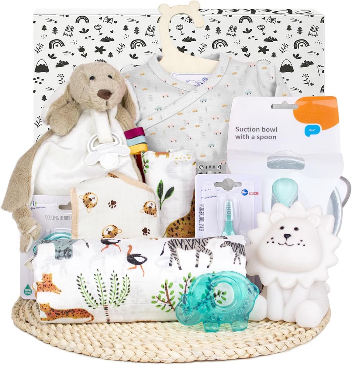 Babymand voor pasgeborenen met mousseline en essentiële babyaccessoires