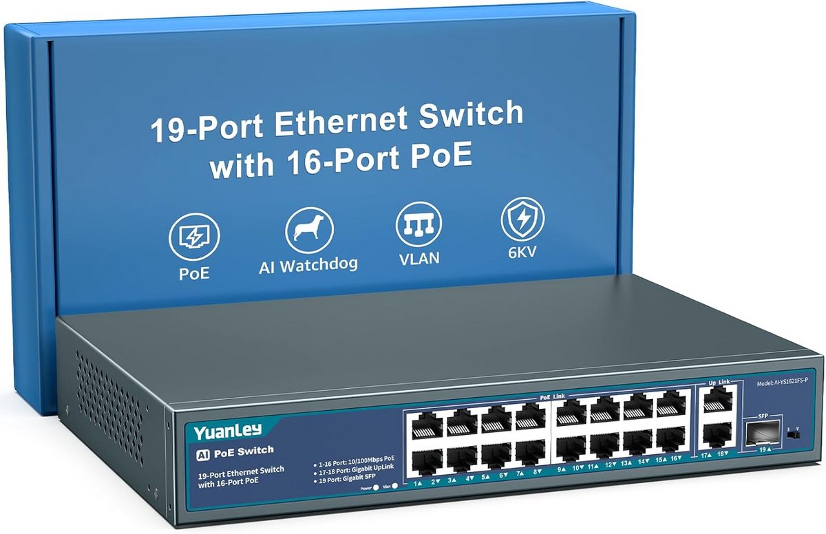 16-poorts PoE-switch met 2 Gigabit Ethernet-uplink, 1 SFP-poort, 250 W PoE+-ondersteuning, onbeheerd met AI Watchdog en VLAN, 6KV-bescherming