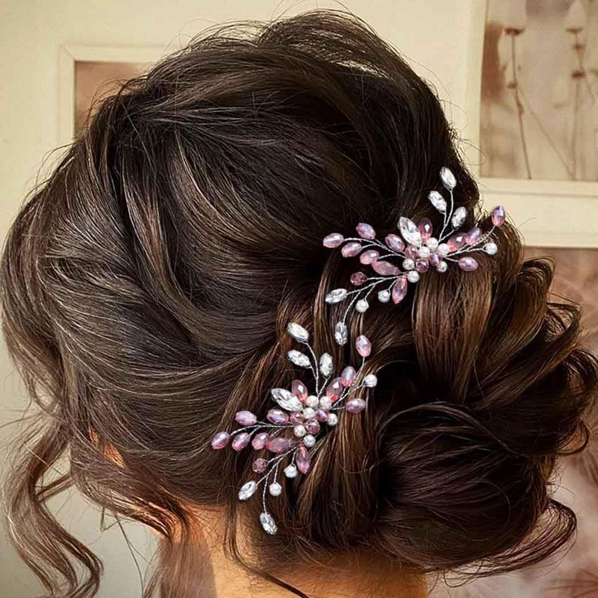 Elegante Haarspelden voor Bruiloft - Roze Kristal en Zilver, Set van 2