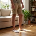 Man in een grijs T-shirt en beige shorts, staand in een woonkamer met witte enkelsokken.