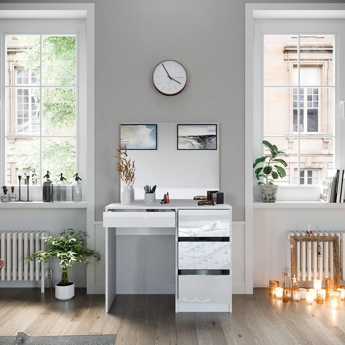 Moderne Kaptafel met Lades en Spiegel - High Gloss Wit, 90 x 75 cm