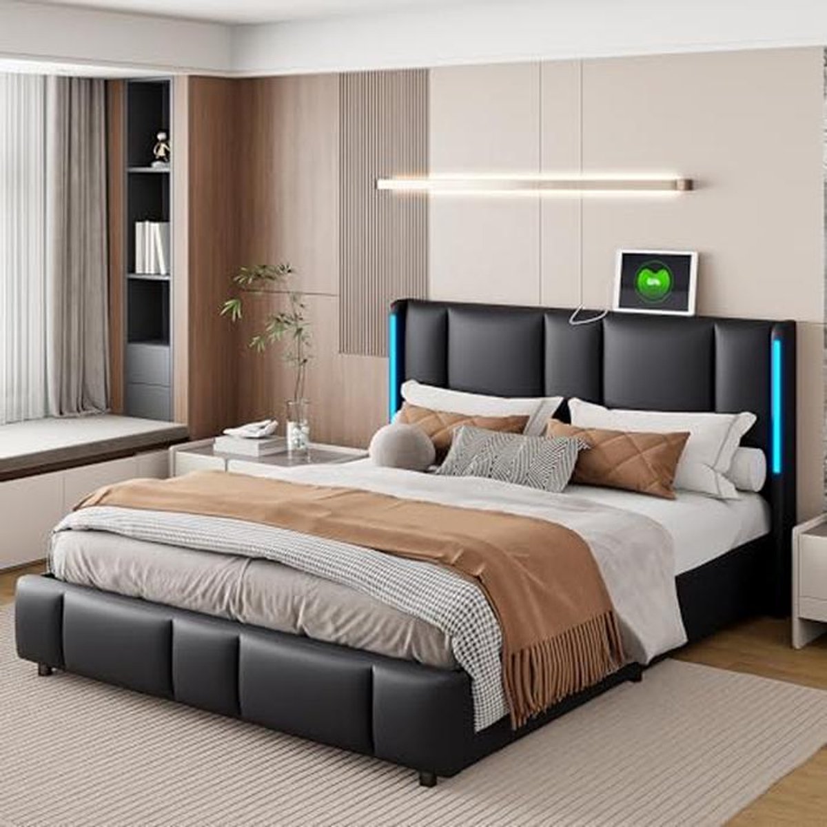 Gestoffeerd bed 160 x 200 cm met opbergruimte en USB oplaadfunctie