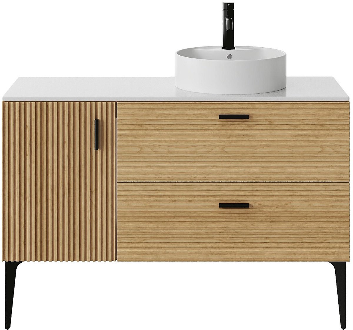 Vente-unique Badkamermeubel op poten met ronde opbouwwastafel - 1 deur en 2 lades - kleur: Licht naturel gestreept - 120 cm - SARONE