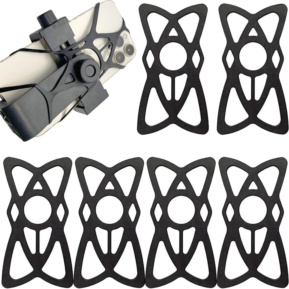 Telefoonhouder voor fiets en motorfiets, rubberen houder voor stuur, set van 6, zwart
