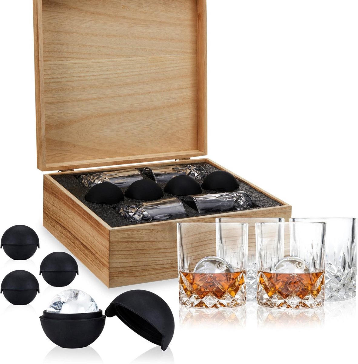 Kristallen Whiskyglazen Set met IJsvormen in Luxe Houten Geschenkdoos