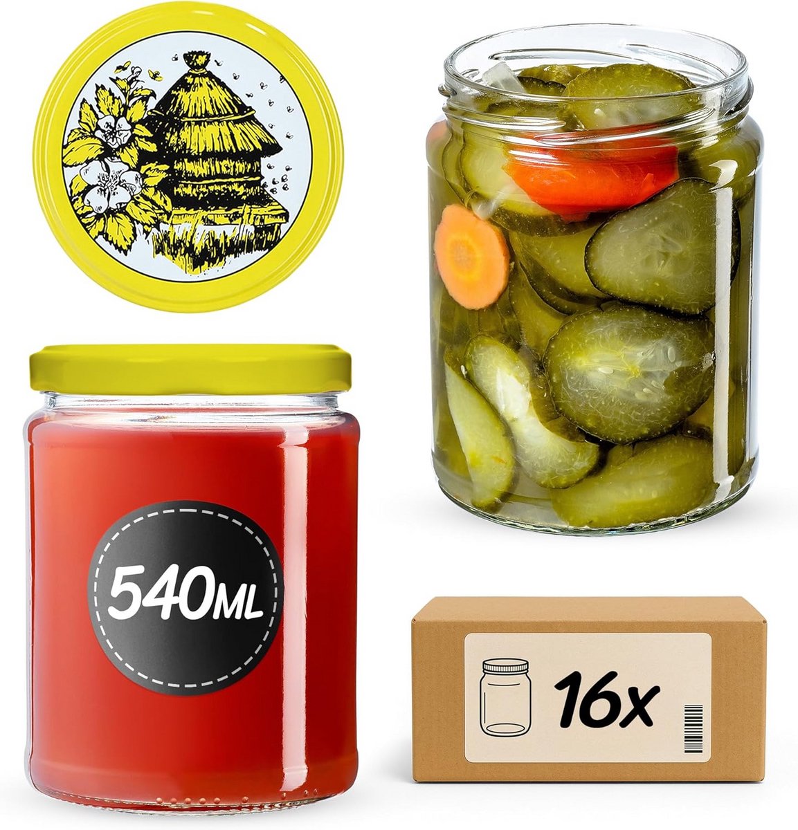Glazen Potten met Schroefdeksel 540 ml - Set van 16 Stuks - Inmaakpotten en Bewaarblikken
