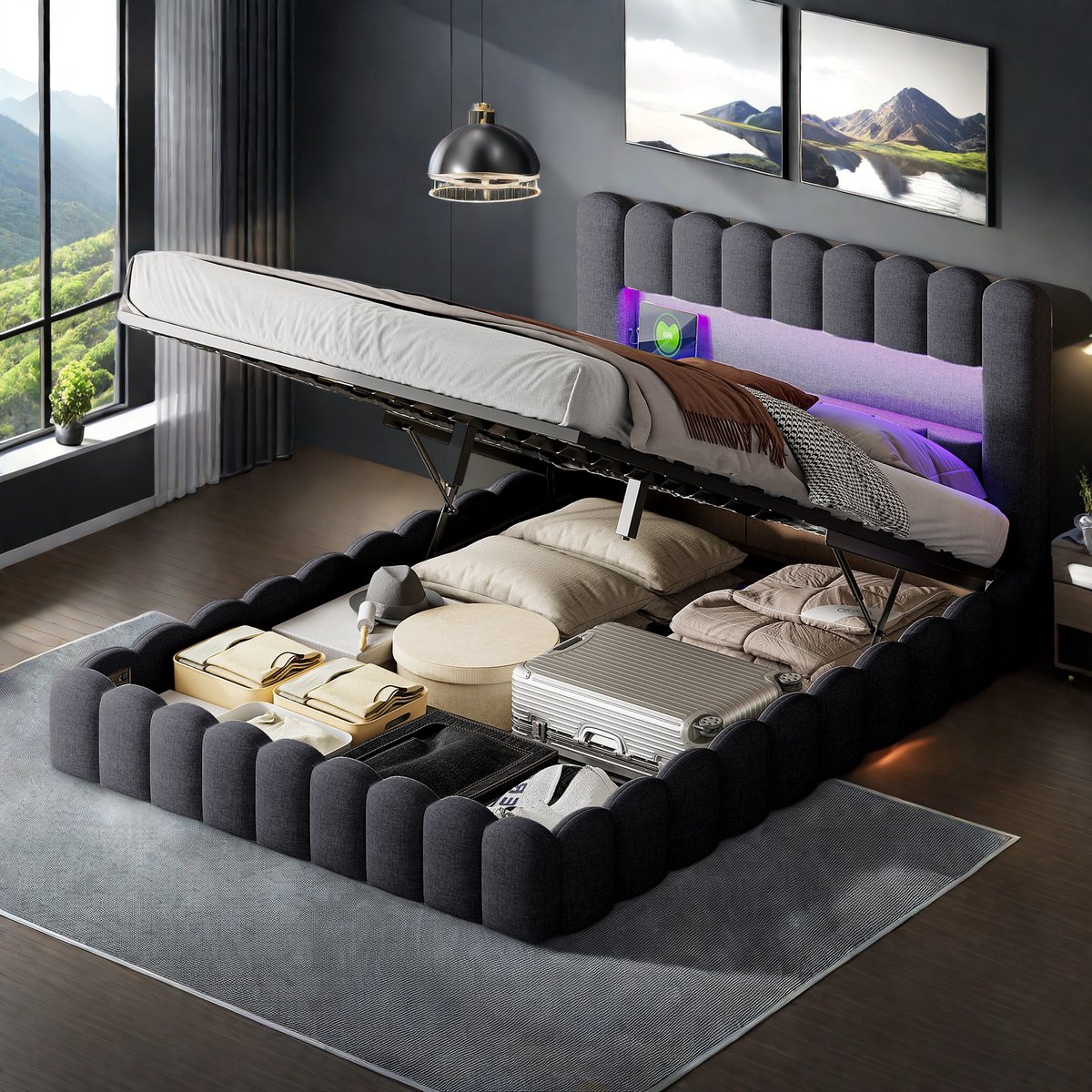 SHOPENTRA Opbergbed 160x200 cm met LED Hoofdbord en USB Poort - SHOPENTRA - €309,99