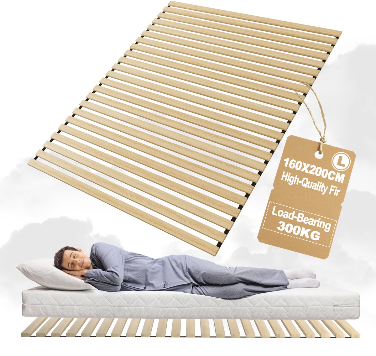 Aufun Vouwbare Lattenbodem Bedframe 160x200cm – Cedrus & Douglas Fir Hout – 23 Latten 2cm Dik | Zwarte Elasticband – 300kg Max Draagvermogen