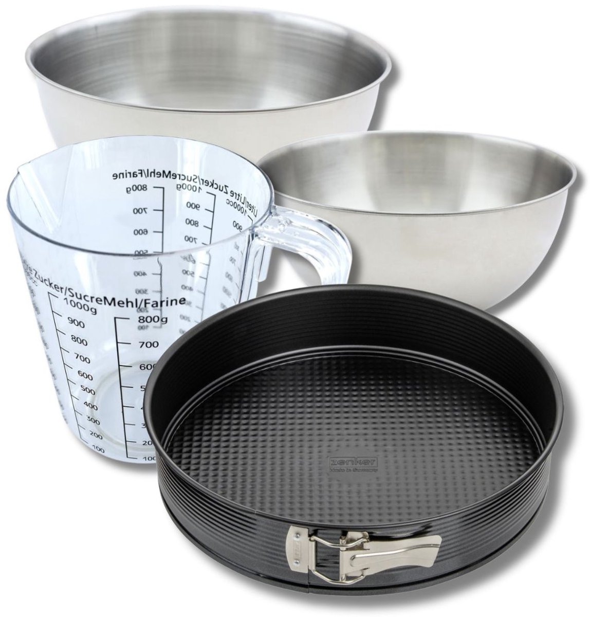 Bakkersset met een springvorm van 28 cm, 2 mengkommen, maatbeker en spatel Zenker