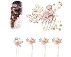 Set van 5 Haarkammen voor Bruidskapsels - Haaraccessoires voor Bruiloften met Bloemen, Parels en Goudkleurige Strass - Ideaal voor Bruiden, Bruidsmeisjes en Bruiloftsgasten