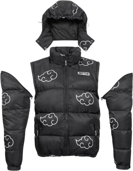 Zwarte puffer bodywarmer met capuchon, losse mouwen en witte wolkenprint, los van elkaar.