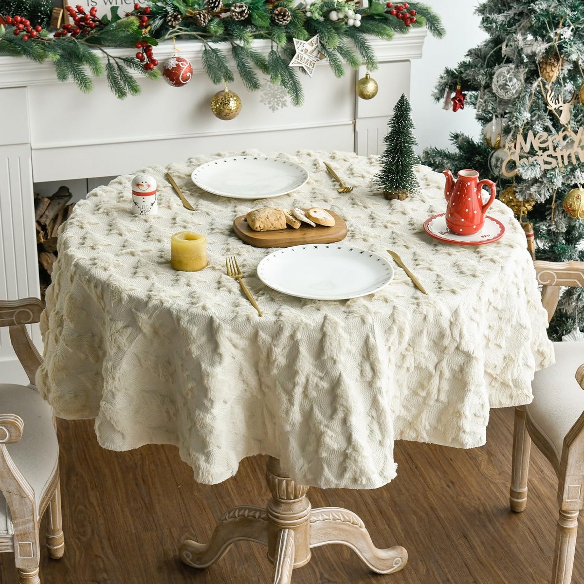 Rond tafelkleed 140 cm zacht pluche kerstdessin sparrenbomen wit