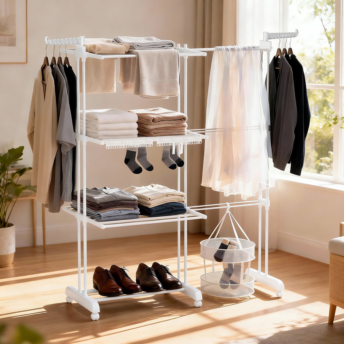 Soontrans Metalen Wasrek Met Wielen – Inklapbaar & Uitschuifbaar, 3 Verdiepingen Droogtoren 66x50x170cm, Multifunctioneel Voor Binnen/Buiten/Balkon, Stevig en Langleven, Inclusief 2 Sokkenclips en 1 Dubbellaagse Droogmand (Wit)