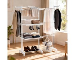 Soontrans Metalen Wasrek Met Wielen – Inklapbaar & Uitschuifbaar, 3 Verdiepingen Droogtoren 66x50x170cm, Multifunctioneel Voor Binnen/Buiten/Balkon, Stevig en Langleven, Inclusief 2 Sokkenclips en 1 Dubbellaagse Droogmand (Wit)
