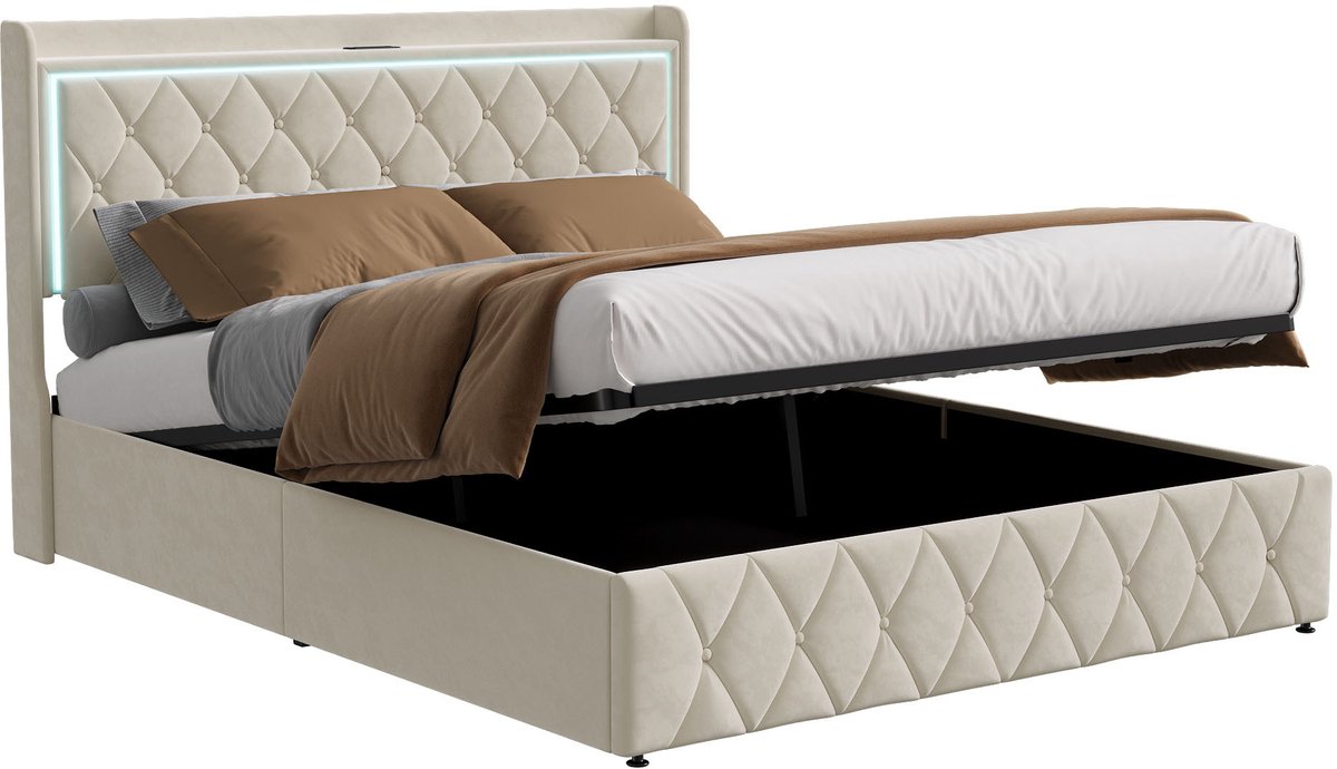 SHOPENTRA Opbergbed 160x200 cm Beige Fluwelen met - afbeelding 3