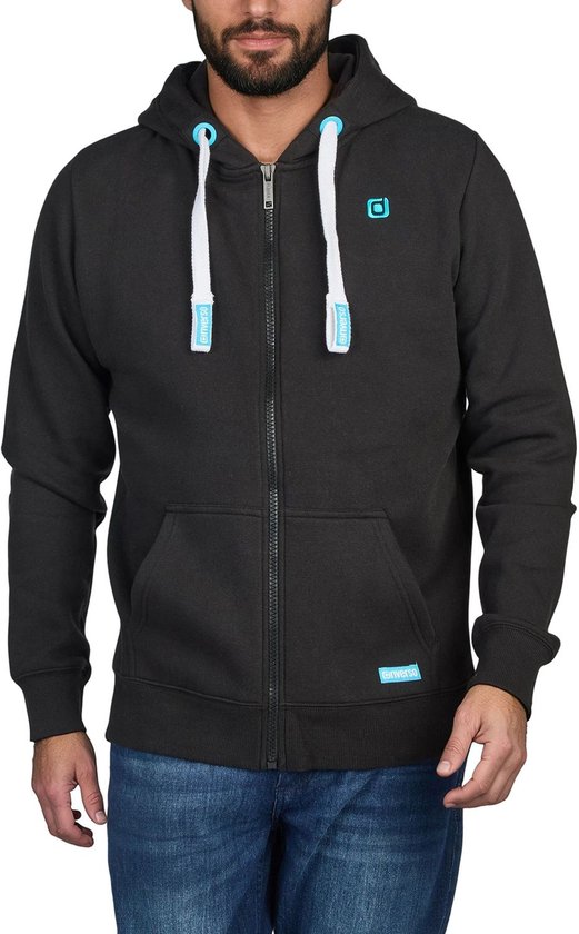 Donkergrijze hoodie met capuchon, rits, witte trekkoorden en lichtblauwe logo's.