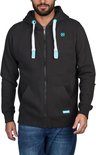 Donkergrijze hoodie met capuchon, rits, witte trekkoorden en lichtblauwe logo's.