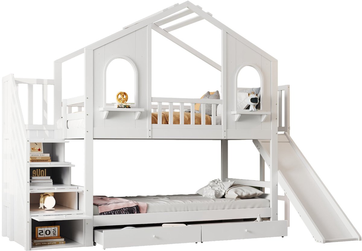 Merax Huisvormig Stapelbed 90x200 met Lades – Kinderbed met Glijbaan en Opbergruimte in Trap – Massief Hout – Wit