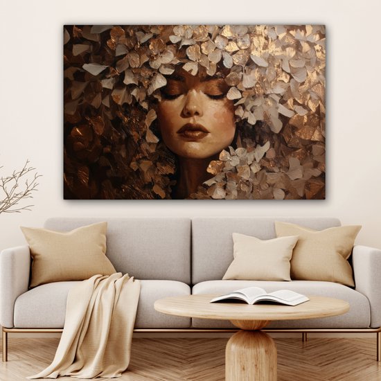 Tableau sur toile 120x80 cm - Décoration murale exclusive Visage - Femme - Feuilles - Coups de pinceau - Décoration murale salon - Décoration chambre à coucher - Accessoires de chambre - Tableaux sur toile