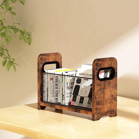 KINGFOM™ 3-Slot Hout Lederen Tijdschrift File Houder Papier Boek Opbergrek Bureau Organizer