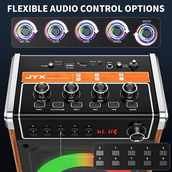 Karaoke Machine - Karaokeset met 2 Draadloze Microfoons - Bluetooth Speaker - Mobiel Karaoke Systeem - Oplaadbaar - PA Systeem - Bruin — afbeelding 3