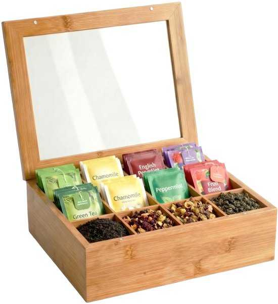 CLP Boîte à thé 12 compartiments - couvercle en verre - bambou - coffret à thé avec 12 compartiments - boîte à thé - couvercle avec fenêtre de visualisation et fermeture à clip - natura