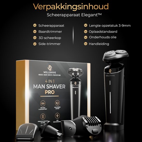 Wellshave 4-in-1 Man Shaver Pro verpakking, met scheerapparaat, baardtrimmer, neustrimmer en accessoires.