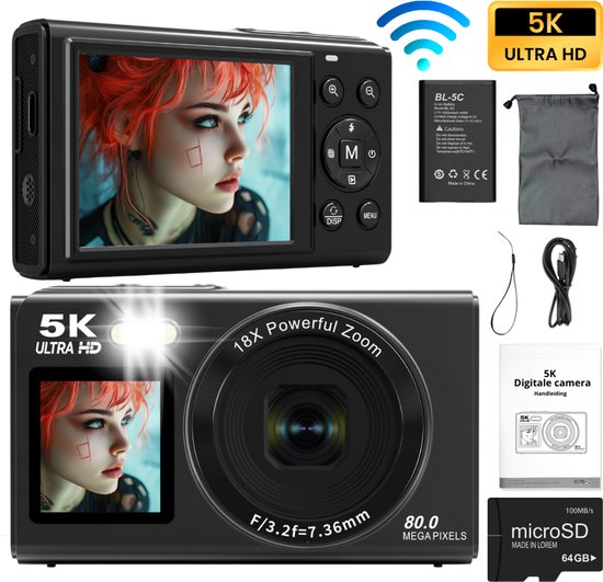 Productafbeelding Organess Digitale Camera 5K - Fototoestel - Fotocamera - Compact Camera - Vlog Camera - Inclusief 64GB - 2 Schermen - 80MP - 18x Digitale Zoom - Beste compactcamera keuze