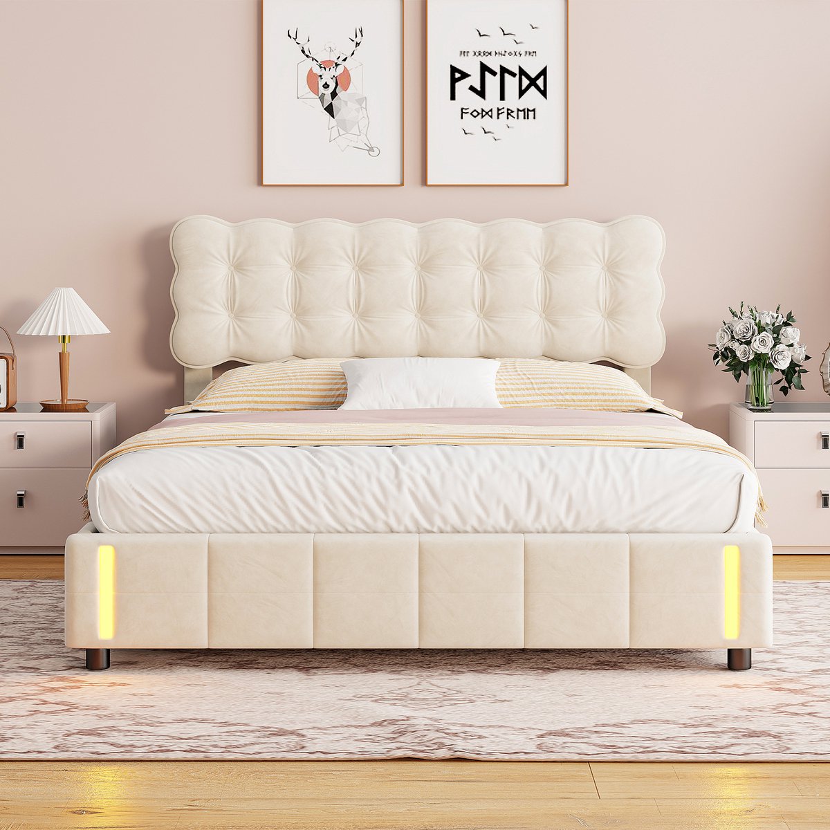 SHOPENTRA Opbergbed 140x200 cm Beige Fluwelen met LED - afbeelding 2