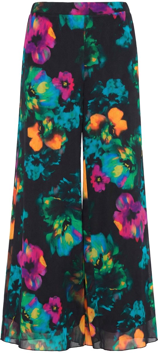 MIAMODA - Dames - Broek met mesh zeer wijde pijpen bloemmotief - Zwart - Maat 58