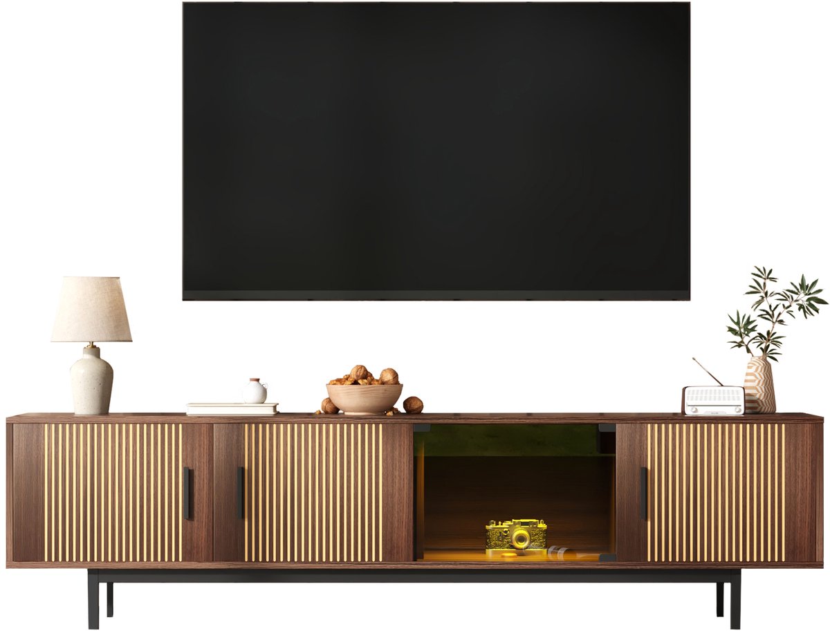 Clruro TV-Meubel - Lowboard Met Gesneden Textuur - LED-Lichtstrip En Glazen Deur - Onbekend - Neutraal Zwart + Walnootbruin
