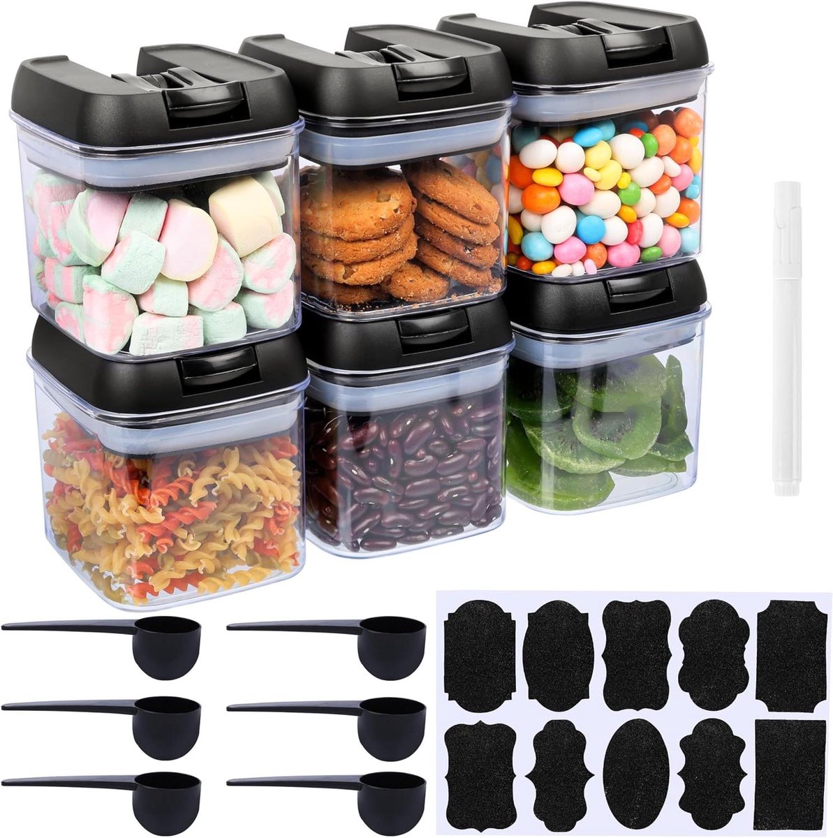 EGoods - Voorraadpotten Set van 6 - Inclusief lepel, label & stift - 500 ml doorzichtige kruidenpotjes - Luchtdicht afsluitbaar - Voor kruiden, zout en meer