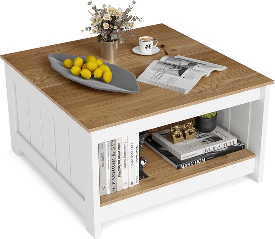 COSTWAY Table basse en bois, table de salon carrée, 80 x 80 cm, table d'appoint de style maison de campagne avec rangement, table à café, table basse pour salon, bureau