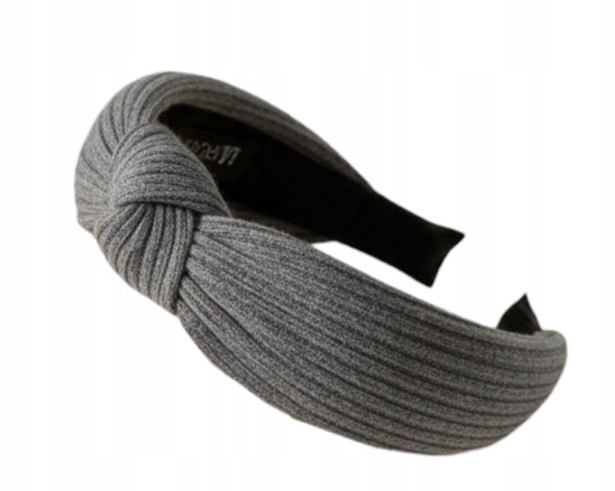 Grijze Brede Haarband met Ribbelpatroon en Strik - Licht & Comfortabel