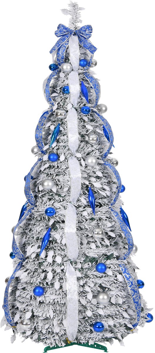 Aufun Kunstkerstboom 150 cm Pop-up kerstboom Kerstdecoratie met LED-lampje en lint, strik (bevlokt, blauw zijden lint)