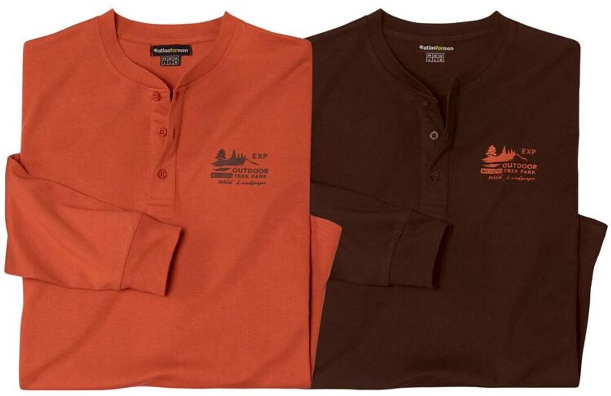 ATLAS FOR MEN - Set van 2 effen T-shirts met knopenhals - Heren - Verkrijgbaar in grote maten - XL