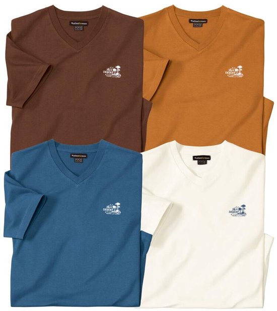 Vier effen V-hals T-shirts: bruin, oranje, blauw en crème, elk met een klein logo op de borst.