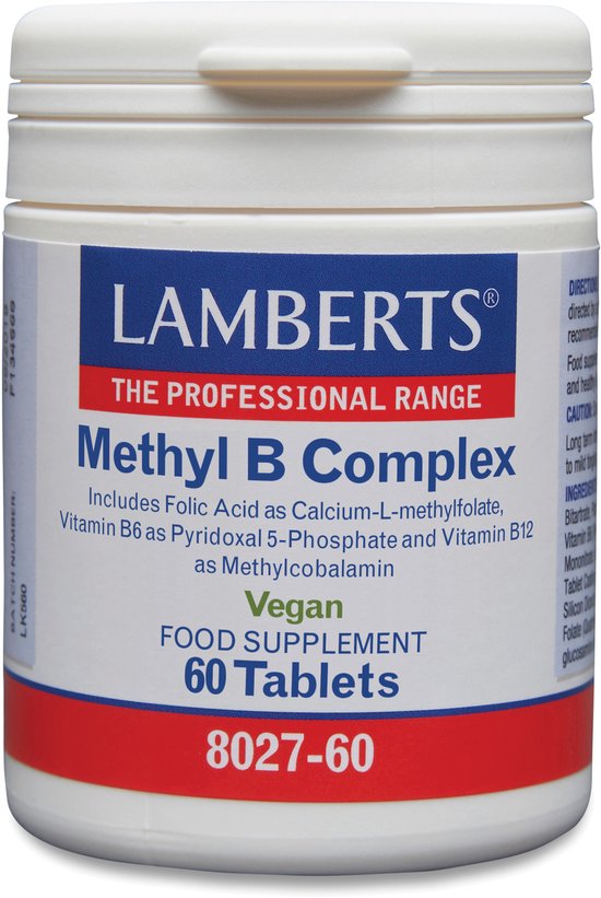 Witte pot van Lamberts Methyl B Complex, 60 tabletten, vegan voedingssupplement.