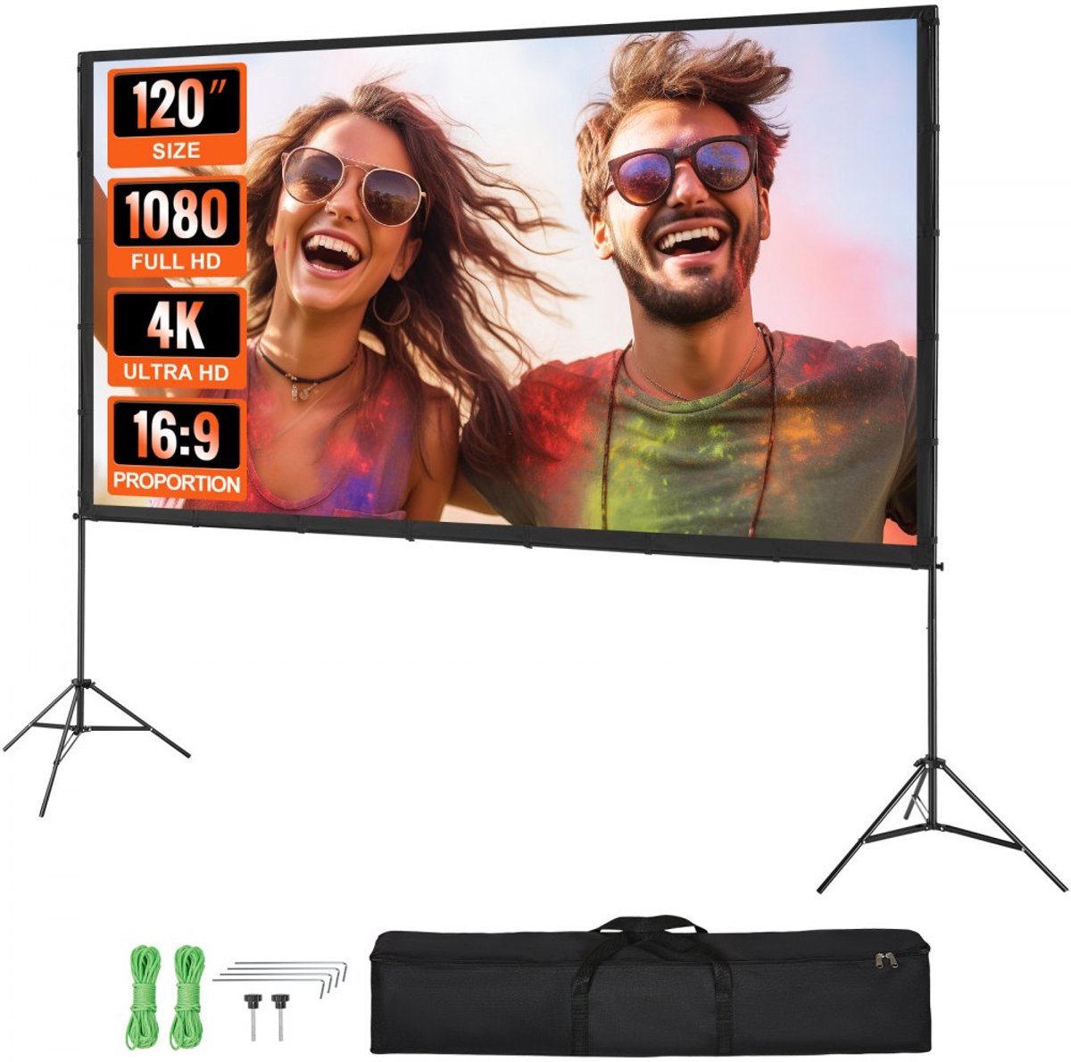 Projectiescherm met standaard - 305 cm 16:9 - 4K/Full HD - Snel opvouwbaar - Draagbaar - Voor buiten en binnen - Thuisbioscoop - Zwart