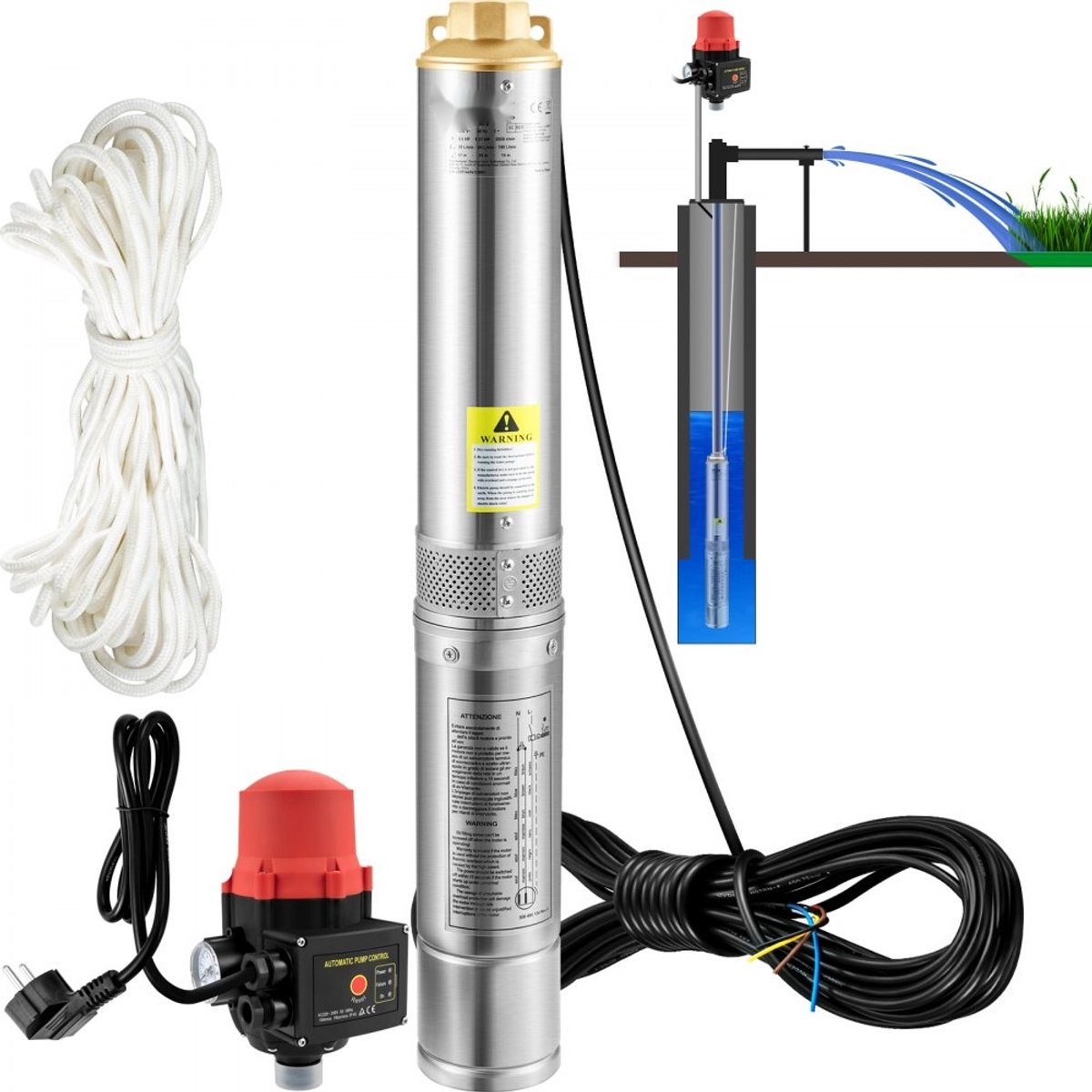 Diepe bronpomp - Dompelpomp - Diameter 7,6 cm - Vermogen 550 W - Opbrengst 50 l/min - Opvoerhoogte 89 m - Zandbestendig tot 5% - Voor zoetwater en irrigatie