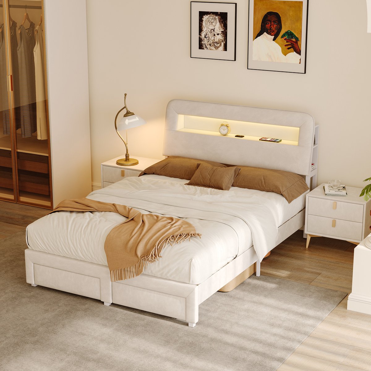 ROSAHQNDA Tweepersoonsbed 160 x 200 cm, gestoffeerd bed met 2 lades, opbergbed, hoofdbord met opbergvak en USB-aansluiting, jeugdbed, beige fluweel Beige A