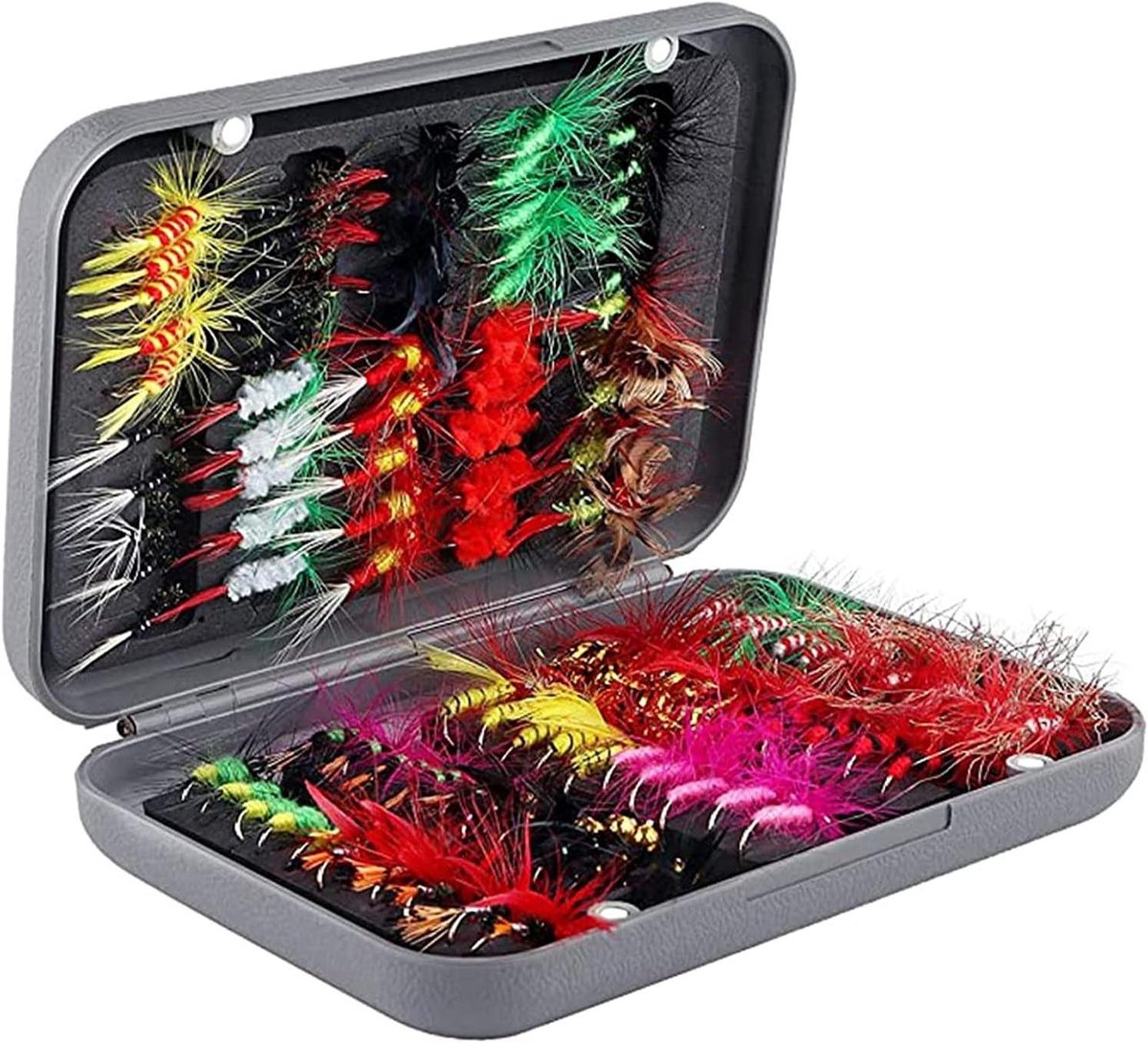 EGoods - Vliegvis kit met 100 stuks assortiment droge en natte vliegen in waterdichte doos voor forel vissen
