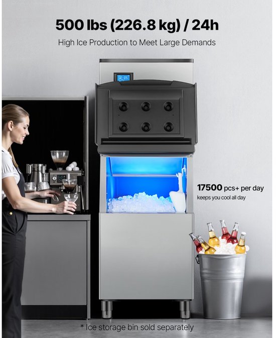 IJsblokjesmachine - Commerciële IJsmachine Opzetkop (Alleen Kop) - Capaciteit 227 kg/dag - RVS Behuizing - Slim Bedieningspaneel - Eénknops Reiniging van Merkloos — afbeelding 4