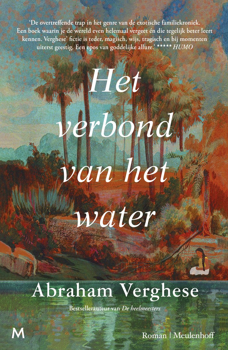 Omslag van "Het verbond van het water" van Abraham Verghese. Tropisch landschap met palmen en water.
