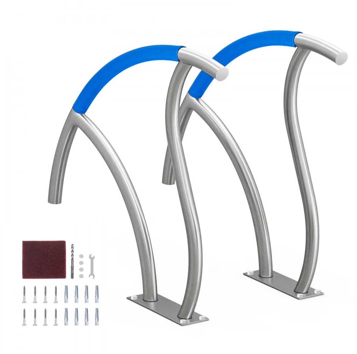 Zwembadleuning - Set van 2 Instapbeugels - RVS - Met Bodemplaat - Afm. 139,5 x 81 x 10 cm - Inclusief Montageset - Antislip Greephoes - Voor binnen en buiten - Zilver