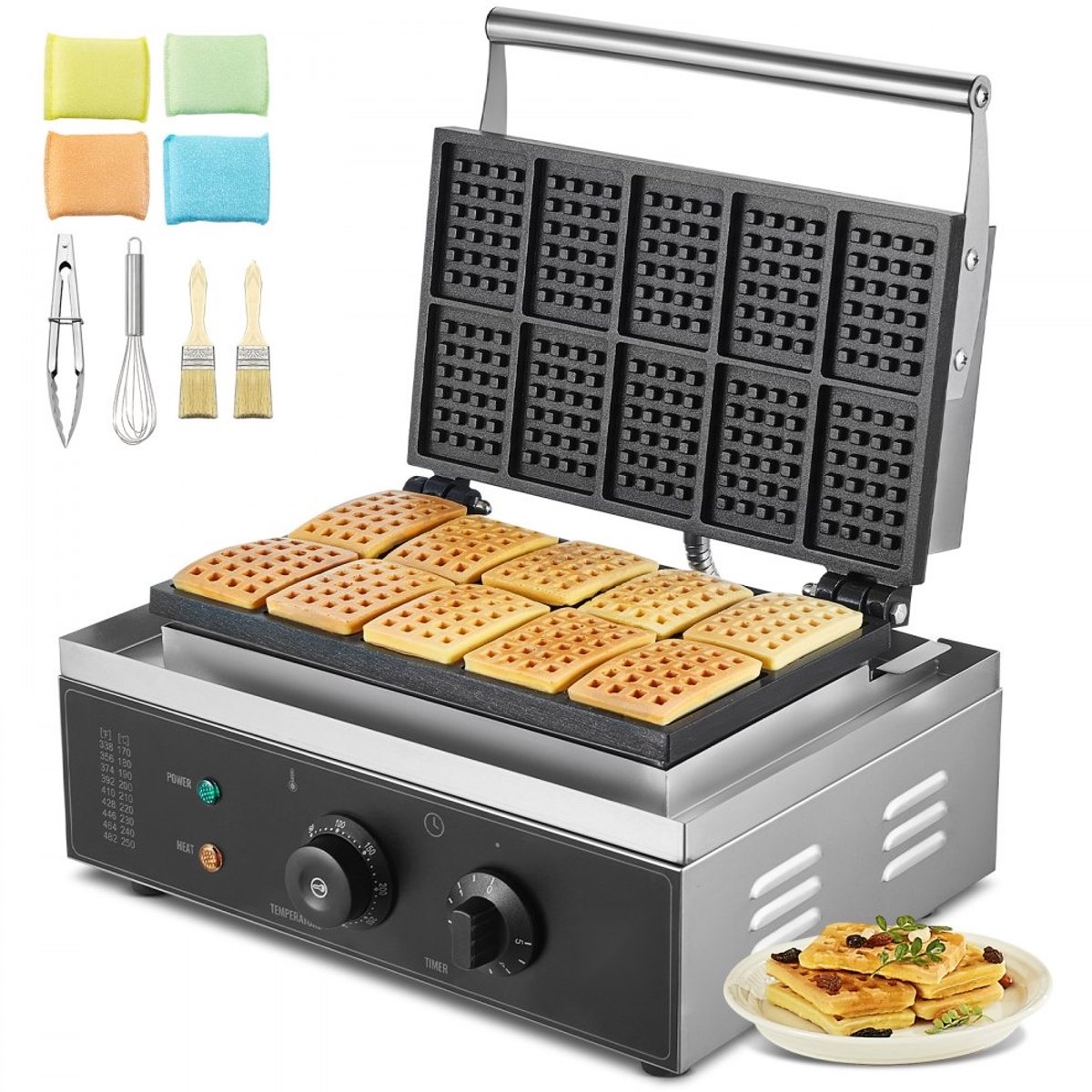 Wafelijzer / Wafelmaker - Professioneel Horeca - Vermogen 1550 W - RVS Behuizing - Antiaanbaklaag - Instelbare Temperatuur- en Tijdregeling - Rechthoekige 10-vaks Wafels