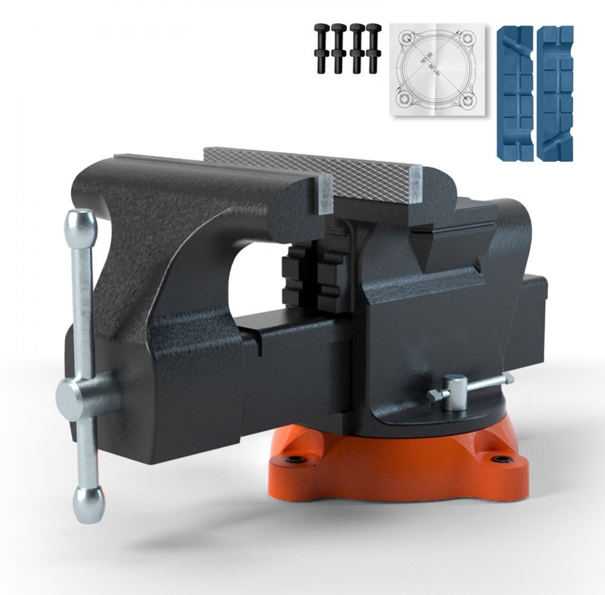 Bankschroef - Parallelle Werkbankschroef - 360° Draaibaar - Nodulair Gietijzer - Bekbreedte 15,2 cm - Bekopening 15 cm - Aambeeld 7,3 x 8 cm - U-vormige Geleiderail