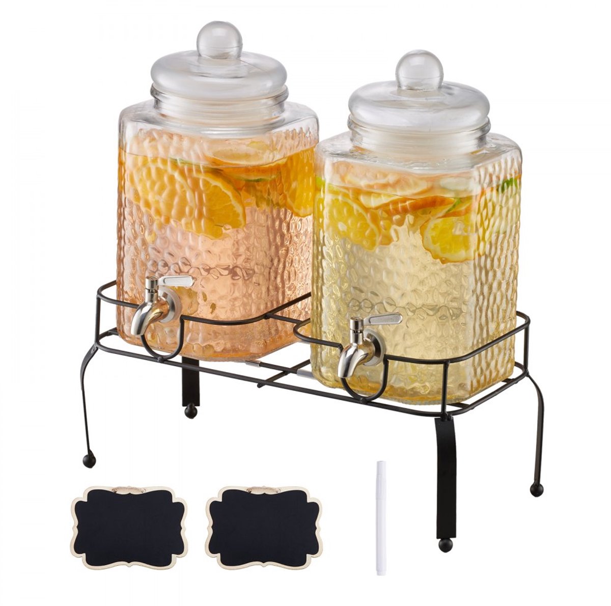 Drankdispenser & Limonadetap Set - 2-delig - 2 x 5,5 L - Glas - Druppelvrije Kraan - Metalen Standaard - Voor Feesten en Restaurants