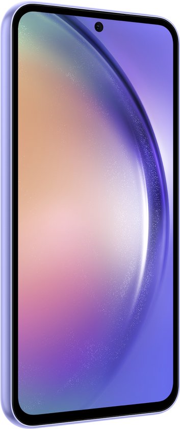 Paarse Samsung Galaxy A54 5G smartphone, zijaanzicht met scherm.