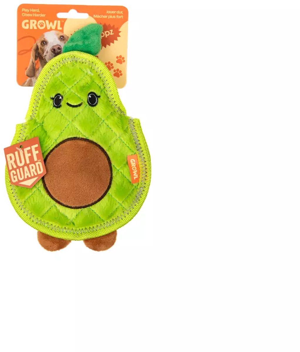 Growl Flip Floppz Hondenspeeltje met 3 Piepers - Pluche Hondenspeelgoed - Kauwspeelgoed en Trektouw voor Alle Honden - Ava de Avocado